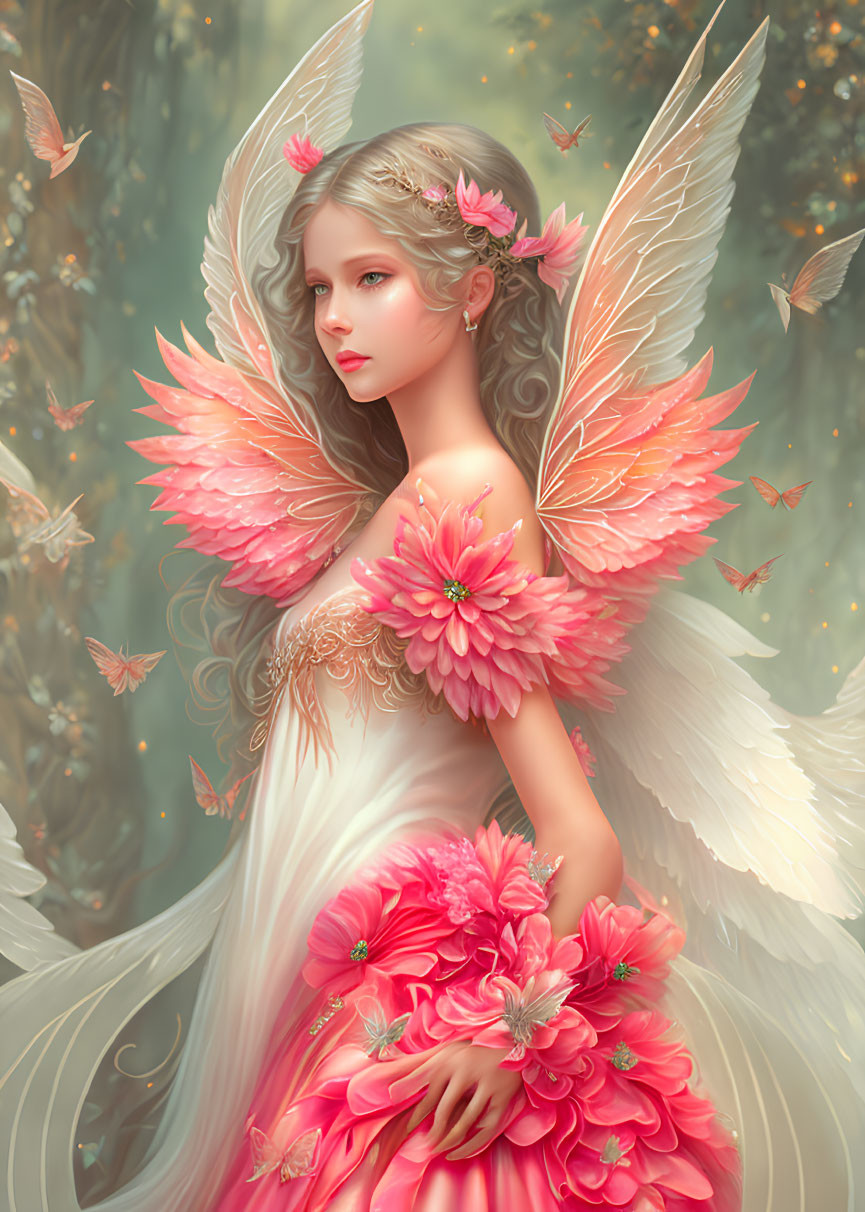 Pink-winged fairy surrounded by butterflies in enchanted forest