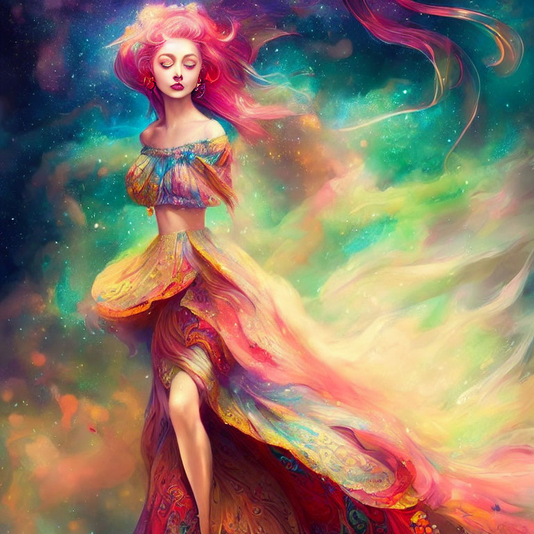 Colorful artwork of woman with pink hair in galaxy background