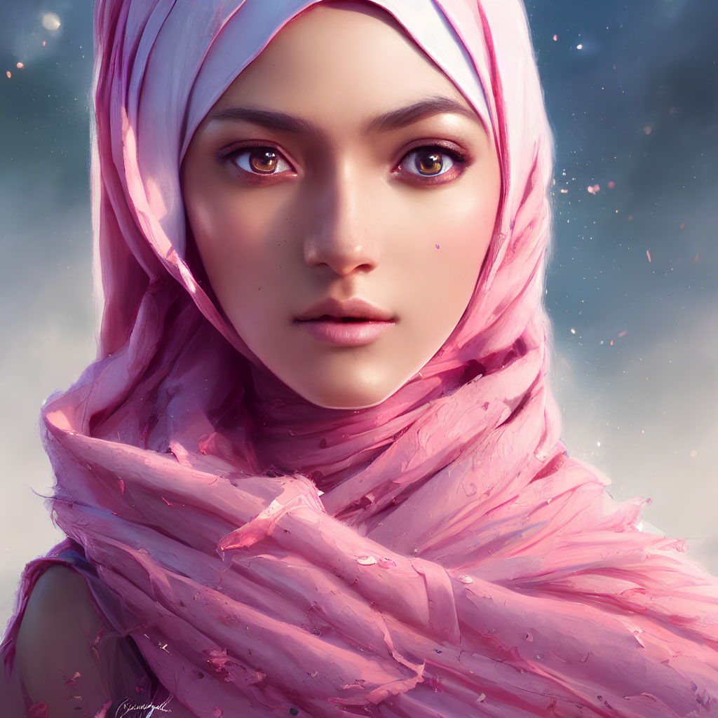 Detailed Digital Portrait: Person with Pink Headscarf and Cosmic Sparkles