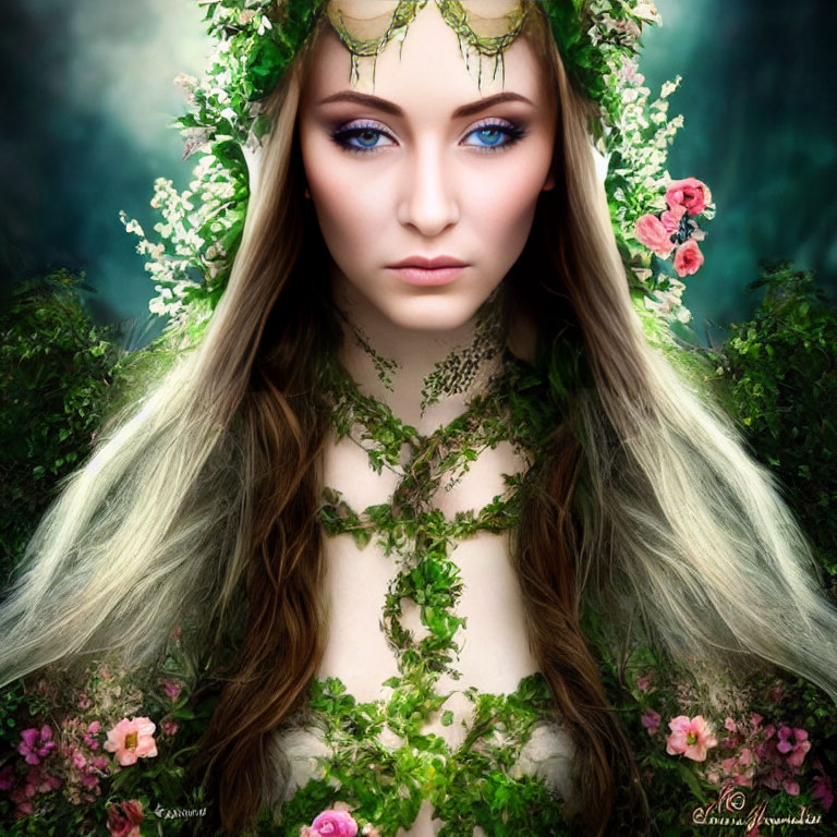 Mystical woman portrait with floral crown and vibrant flowers