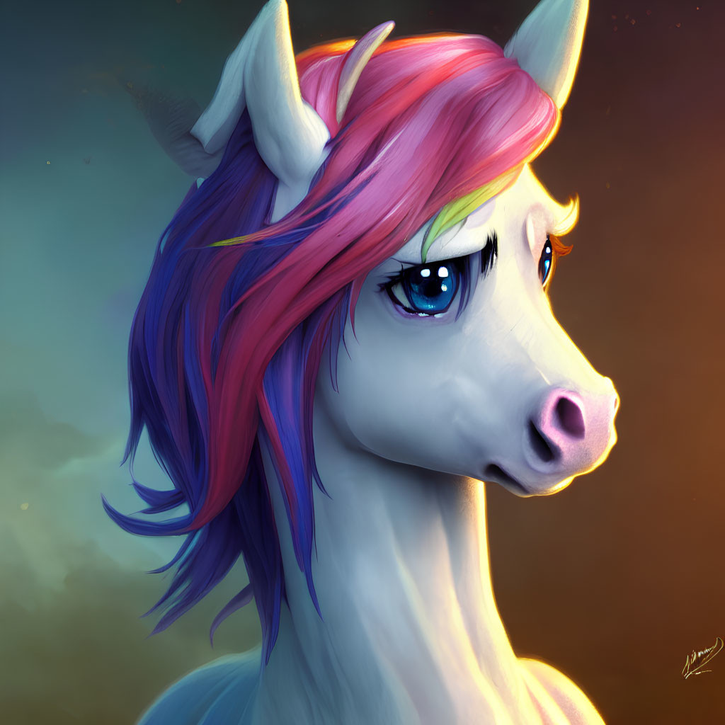 Vibrant digital art: unicorn with rainbow mane and horn on warm background