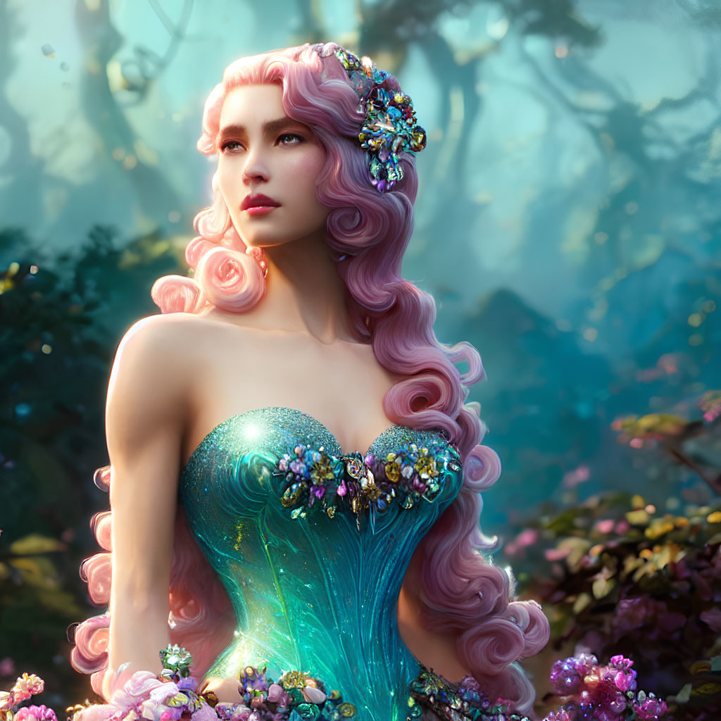 Whimsical woman with pink curly hair in jeweled accessories and teal dress in ethereal forest.