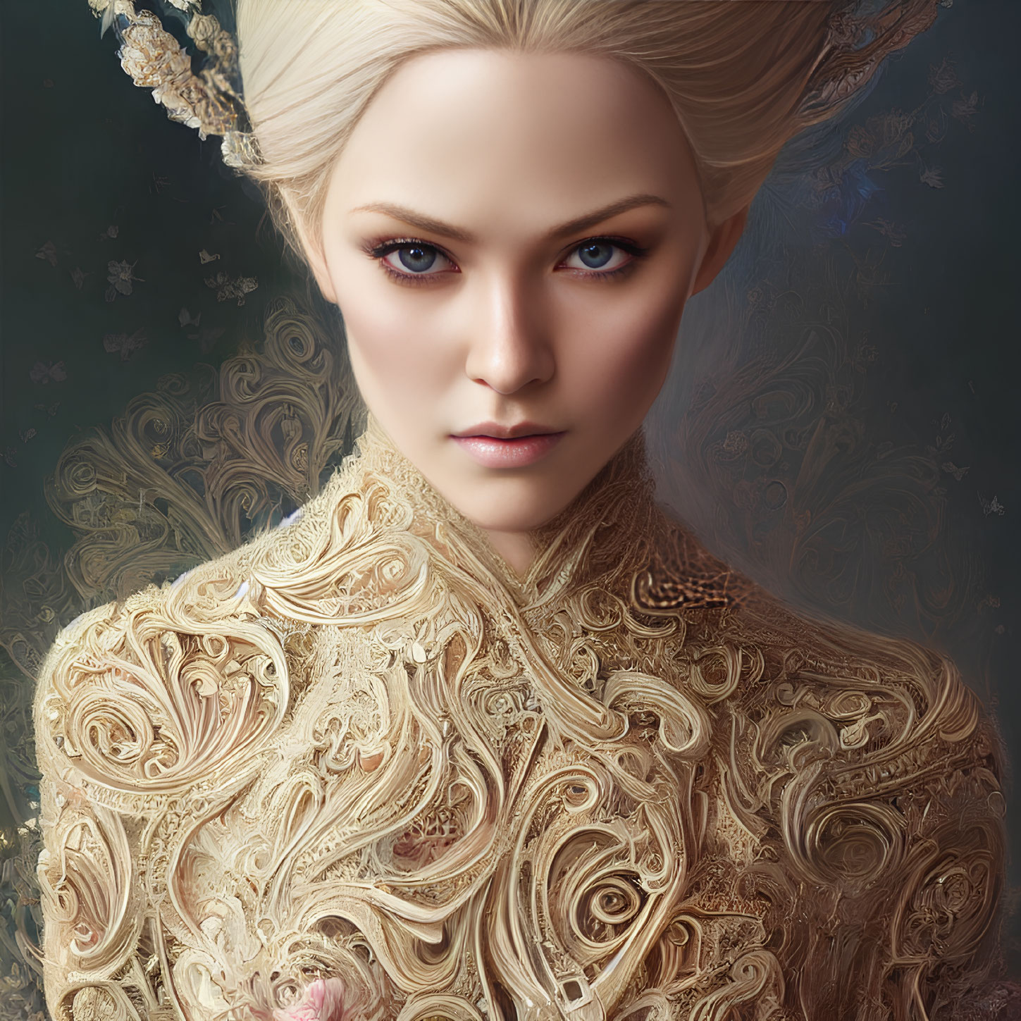 Detailed digital portrait of a woman with blonde hair and blue eyes in ornate gold outfit