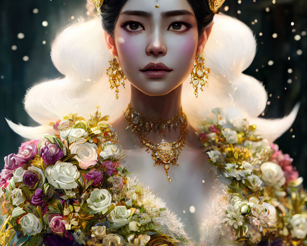 Ethereal woman with gold jewelry and roses on dark background