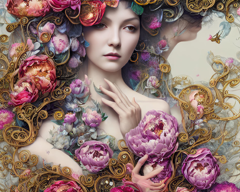 Digital Artwork: Woman with Pale Skin and Dark Hair in Elaborate Floral and Golden Filig