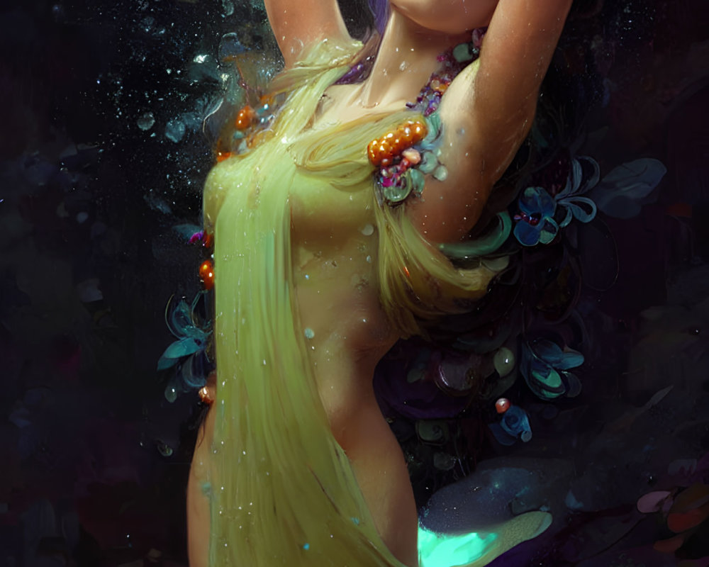 Fantasy illustration of woman with golden hair in mystical setting