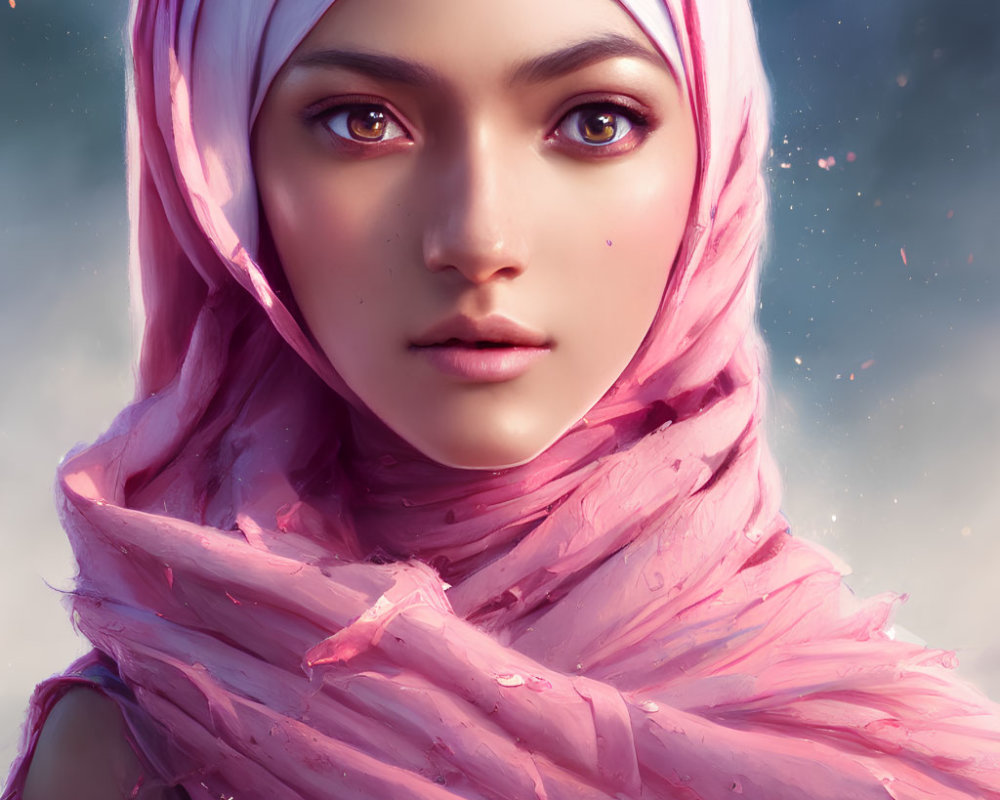 Detailed Digital Portrait: Person with Pink Headscarf and Cosmic Sparkles