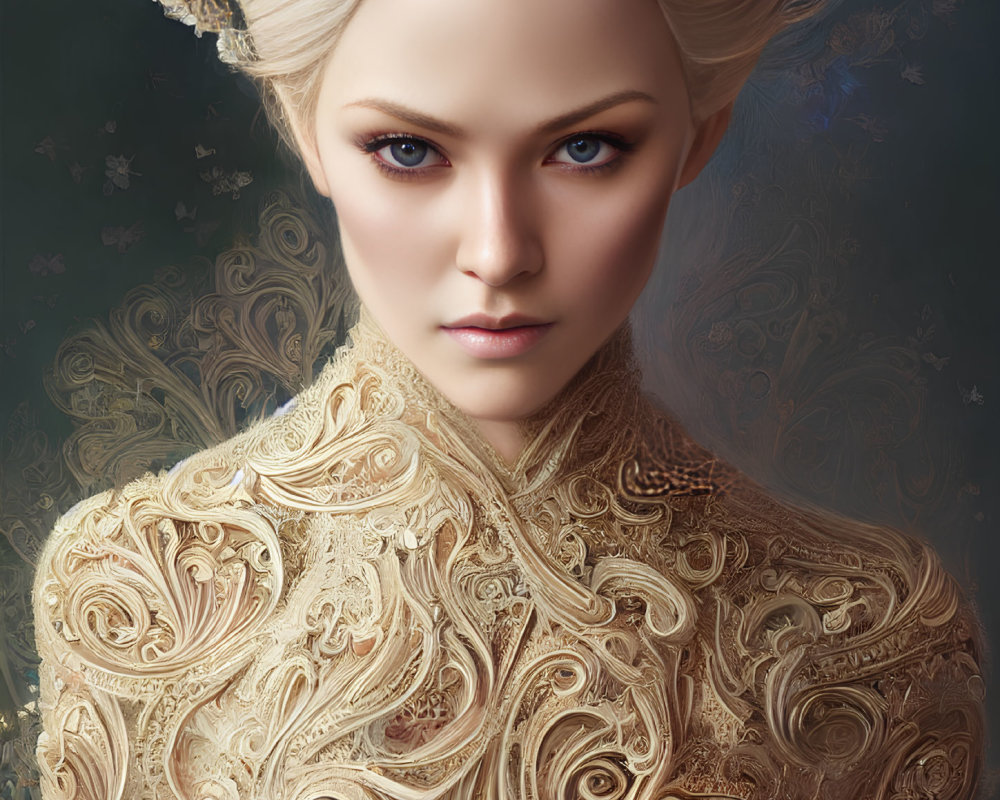 Detailed digital portrait of a woman with blonde hair and blue eyes in ornate gold outfit