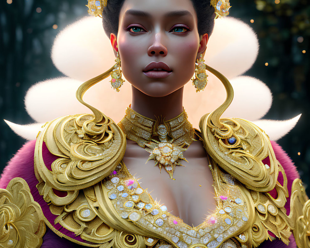 Regal Woman with Gold Jewelry and Crown in Mystical Forest