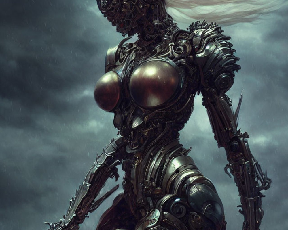 Detailed artwork: Female humanoid robot with metallic parts and white hair in cloudy sky