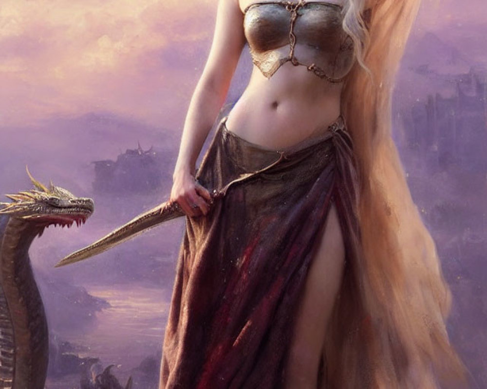 Red-haired warrior woman in fantasy armor with dragon in mystical dusk landscape
