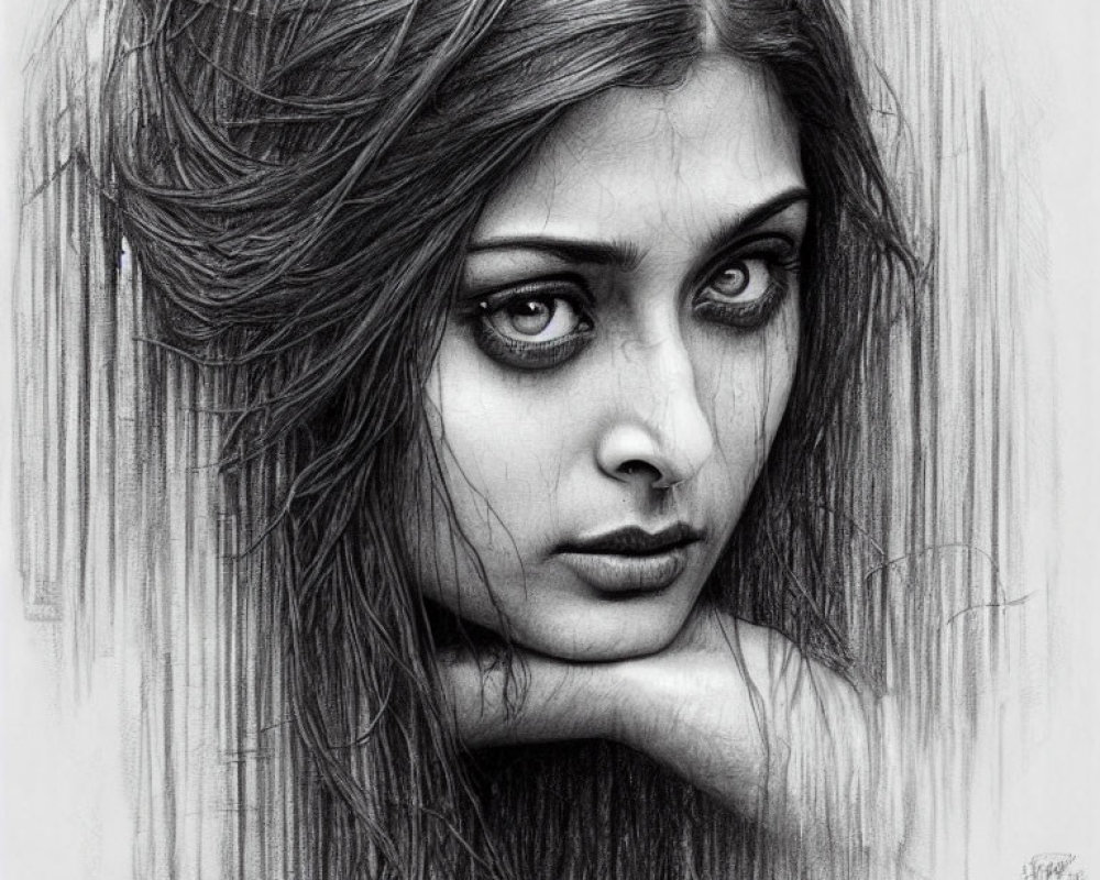 Detailed pencil sketch of a woman with penetrating eyes and flowing hair.