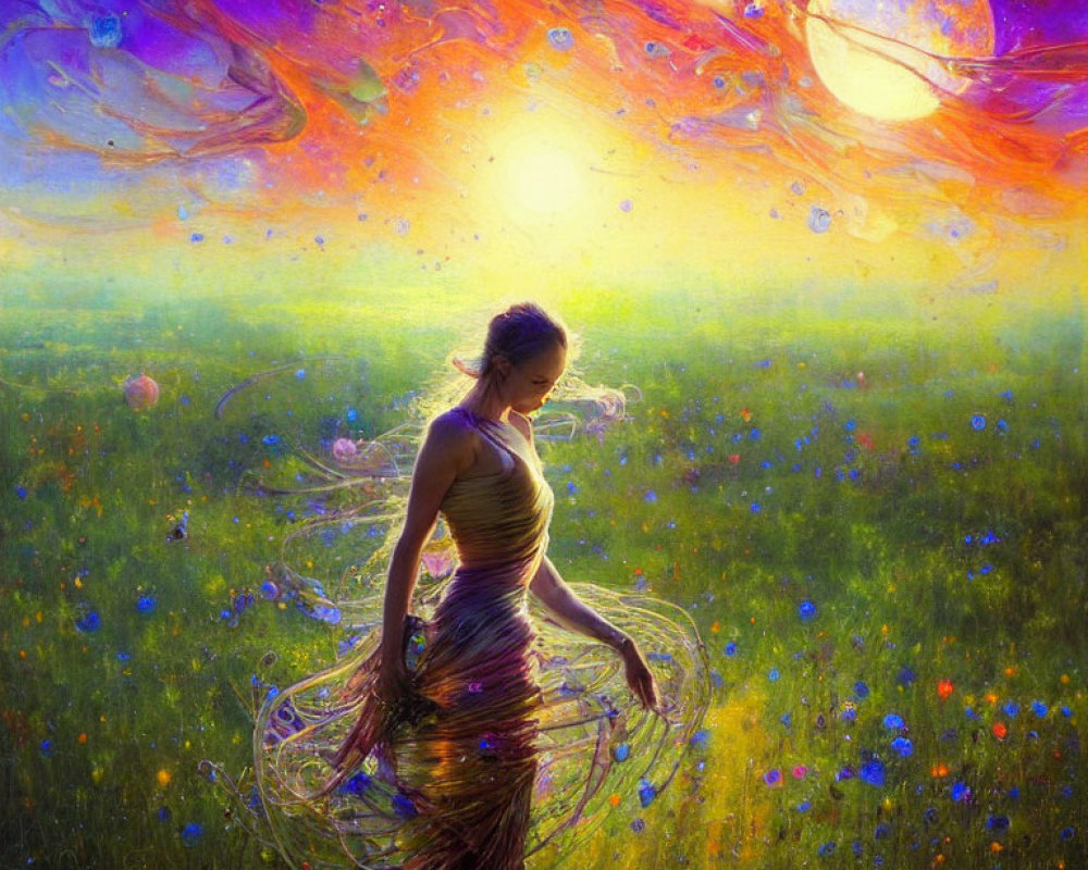 Woman in flowy dress in vibrant field with space elements