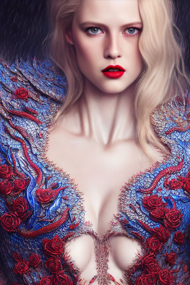 Pale-skinned woman with red lips in blue & red embroidered garment