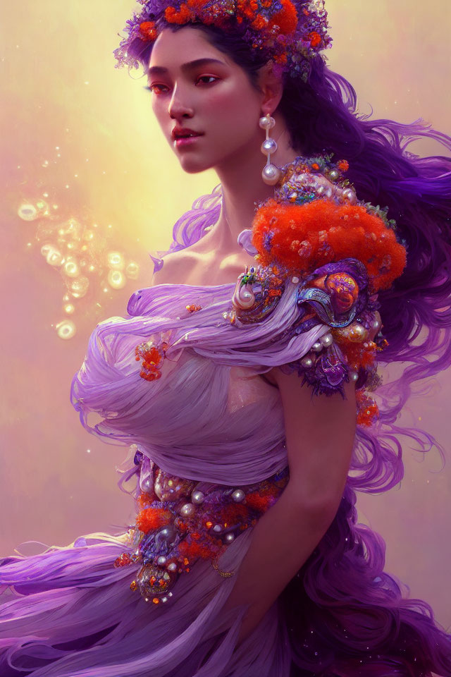 Ethereal woman with orange floral accessories and purple gown surrounded by glowing particles