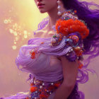 Woman in flowing gown with vibrant flowers against soft purple backdrop