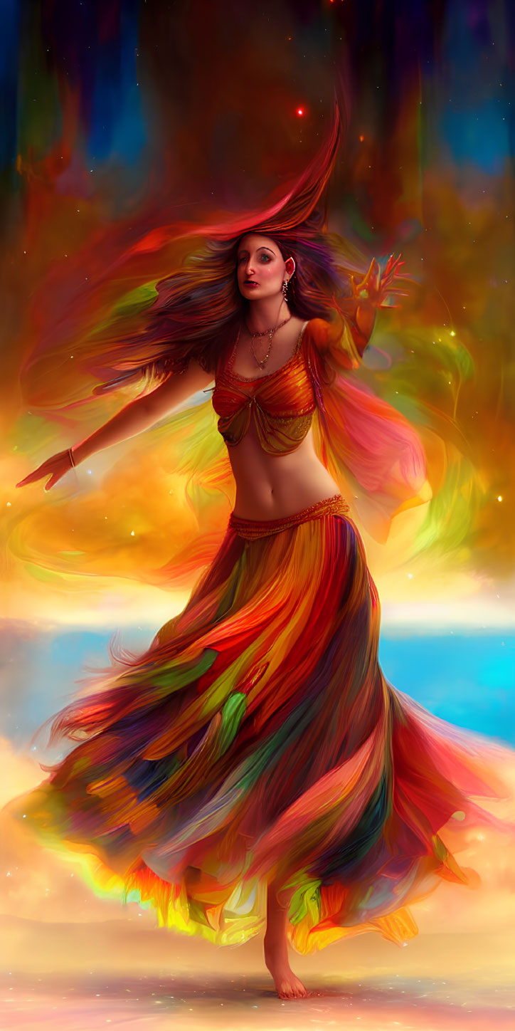 Colorful digital artwork: Woman dancing in vibrant attire against cosmic backdrop