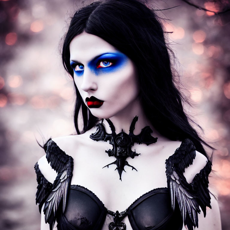 Striking blue eye makeup and black lipstick on a woman with feathered adornments against a pink bo