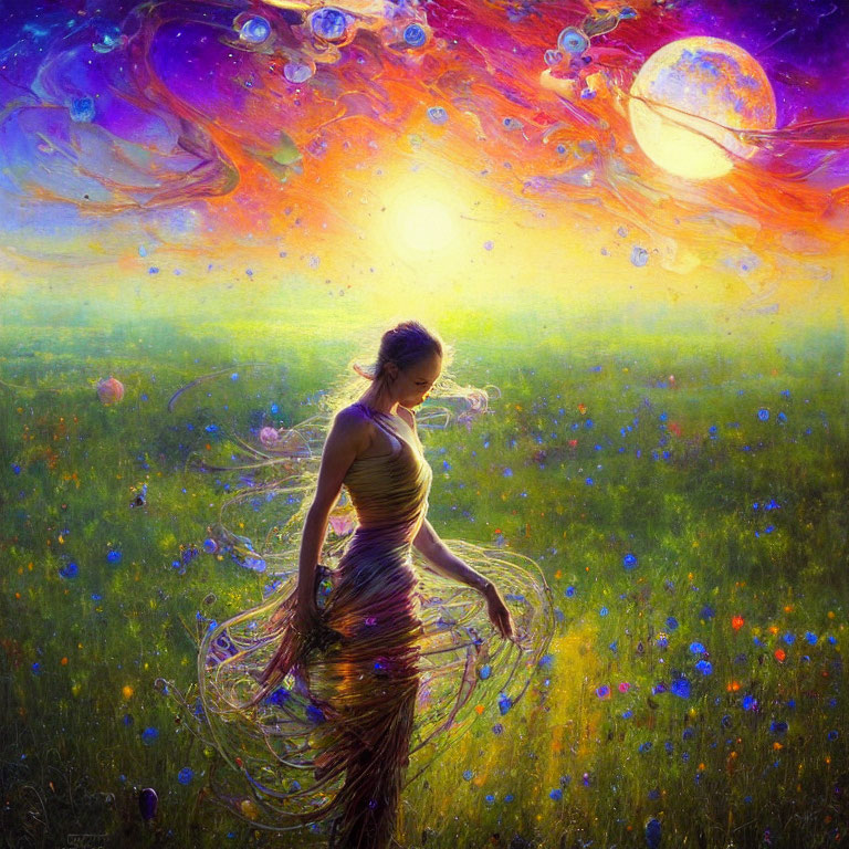 Woman in flowy dress in vibrant field with space elements