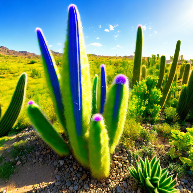 Desert landscape with vibrant green cacti and purple flowers under blue sky