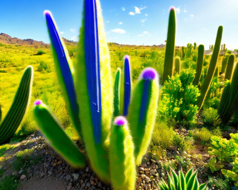 Desert landscape with vibrant green cacti and purple flowers under blue sky