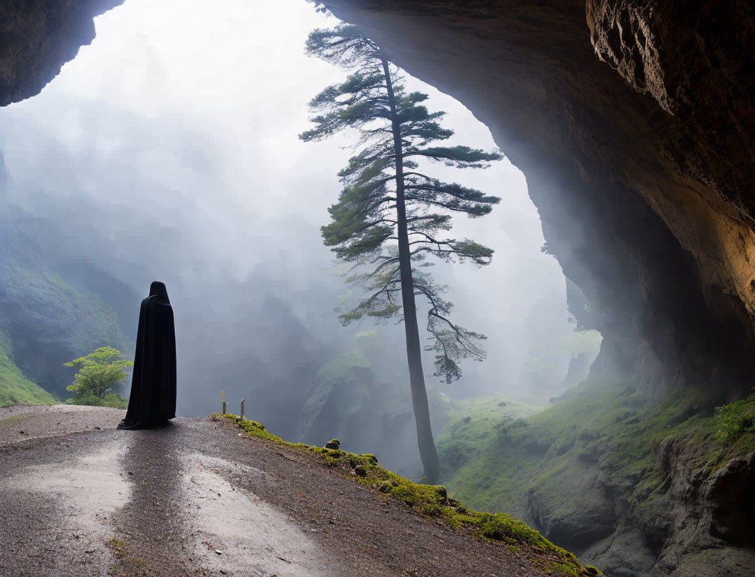 Cloaked figure on misty mountain road near large tree overlooking lush green landscape from cave