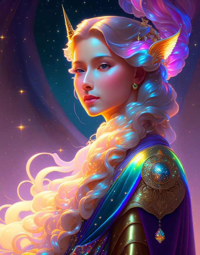 Blonde-haired figure with unicorn horn in starry setting