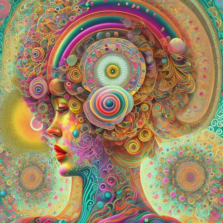 Colorful Psychedelic Portrait of Woman with Flowing Patterns and Shapes