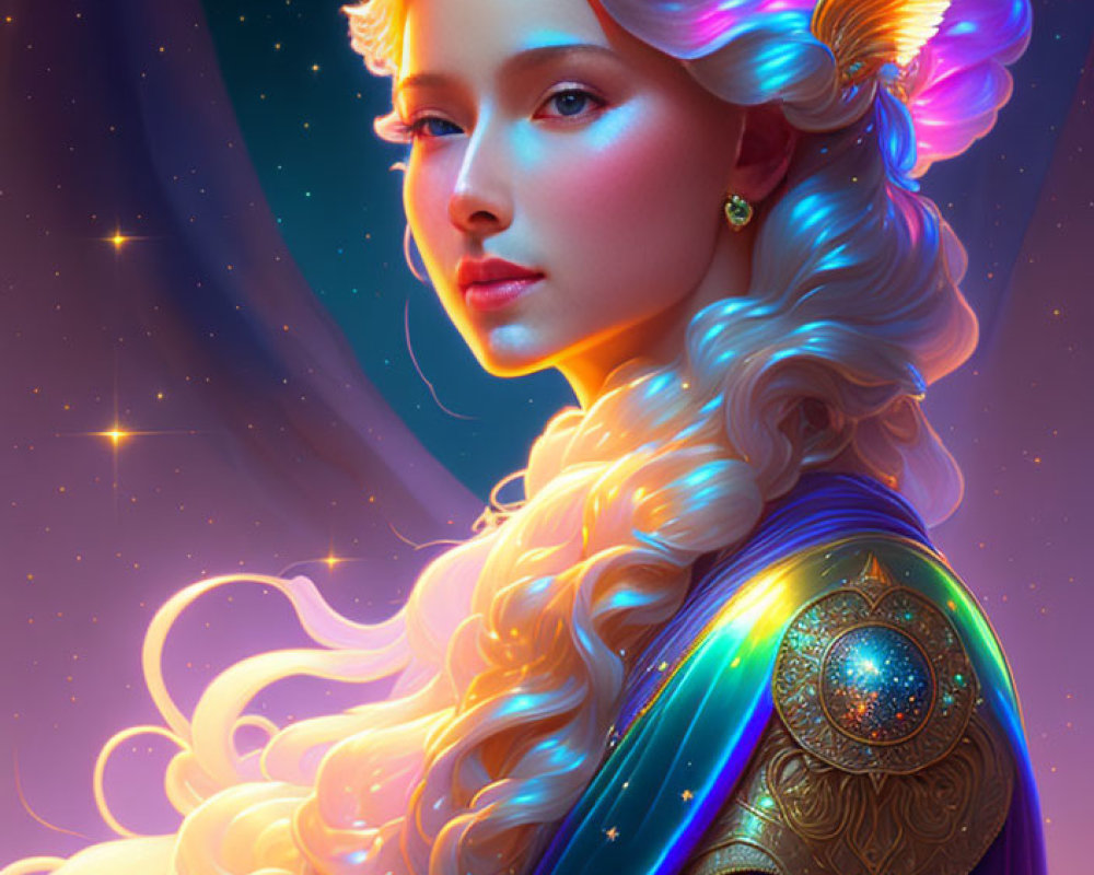 Blonde-haired figure with unicorn horn in starry setting