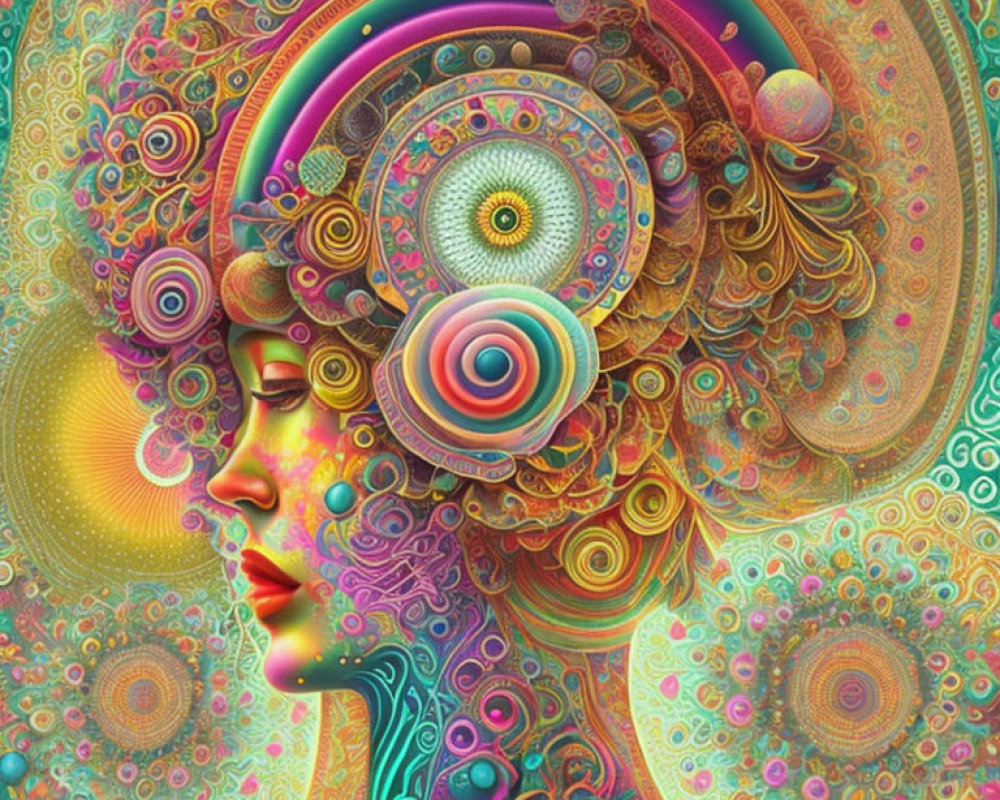 Colorful Psychedelic Portrait of Woman with Flowing Patterns and Shapes