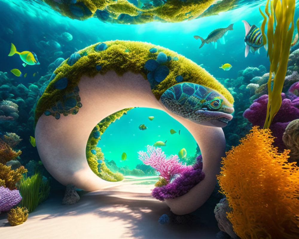 Colorful Underwater Scene with Mossy Rock, Tropical Fish, Corals, and Sea Turtle
