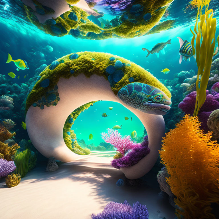 Colorful Underwater Scene with Mossy Rock, Tropical Fish, Corals, and Sea Turtle