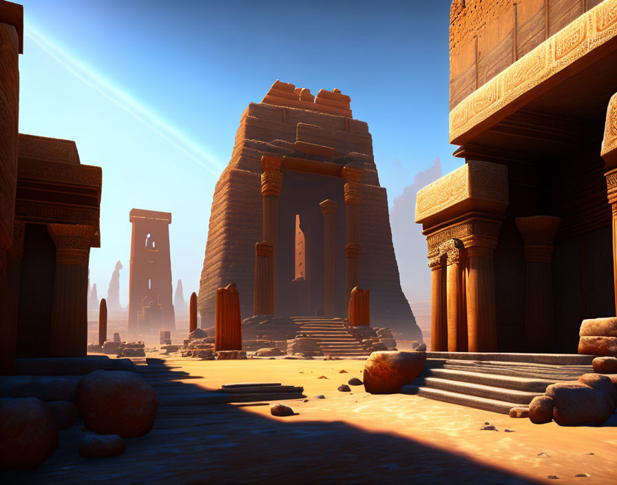 Ancient desert temple with towering stone structures and staircases
