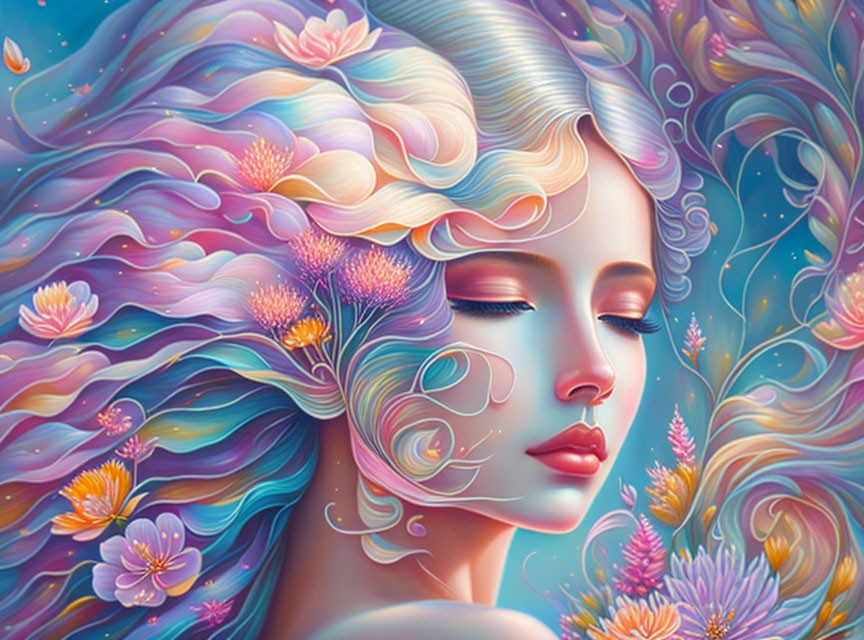 Vibrant artistic illustration of serene woman with flowing hair and flowers