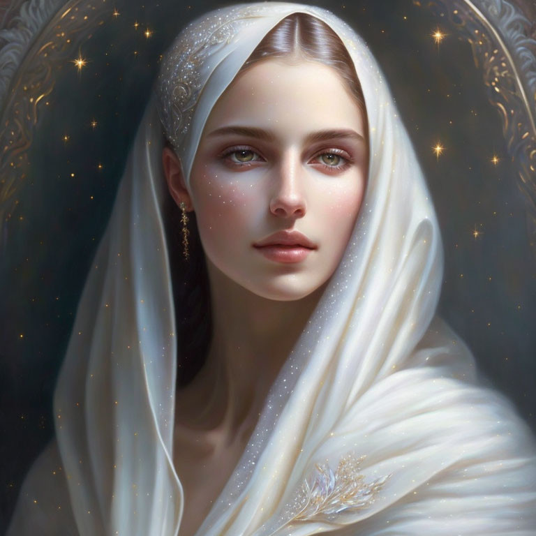 Portrait of Woman with Glowing Skin and Starry Veil