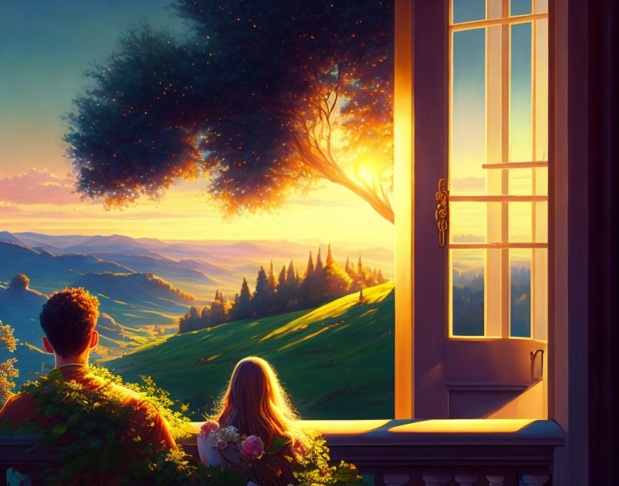 Two people by open window looking at serene sunset over rolling hills