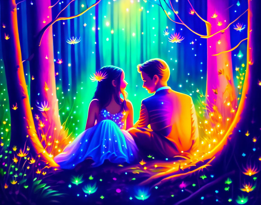 Couple in vibrant, magical forest with glowing lights