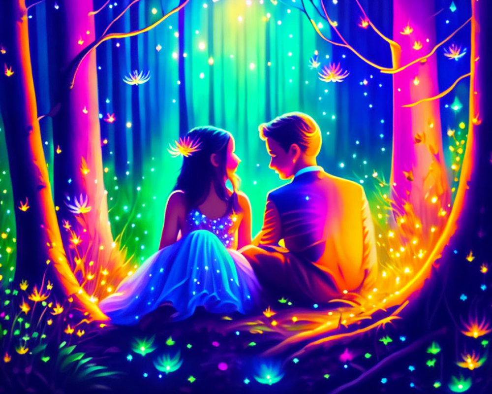 Couple in vibrant, magical forest with glowing lights