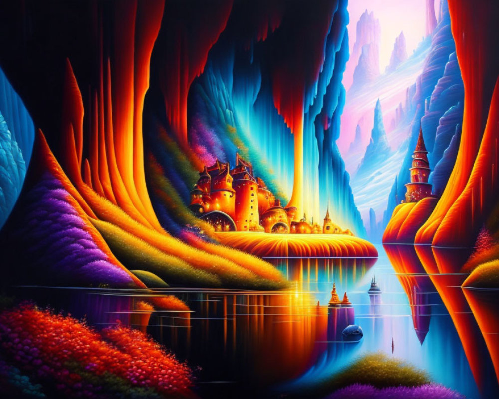 Colorful fantasy landscape with castles, cliffs, river, and boat
