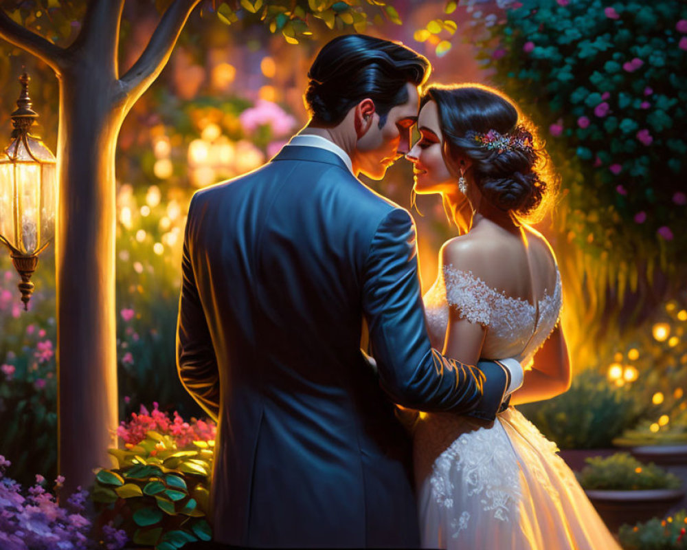 Romantic garden wedding embrace with warm lights and vibrant flowers