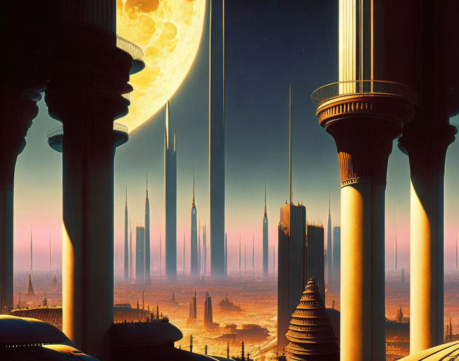 Futuristic cityscape with towering spires and large moon