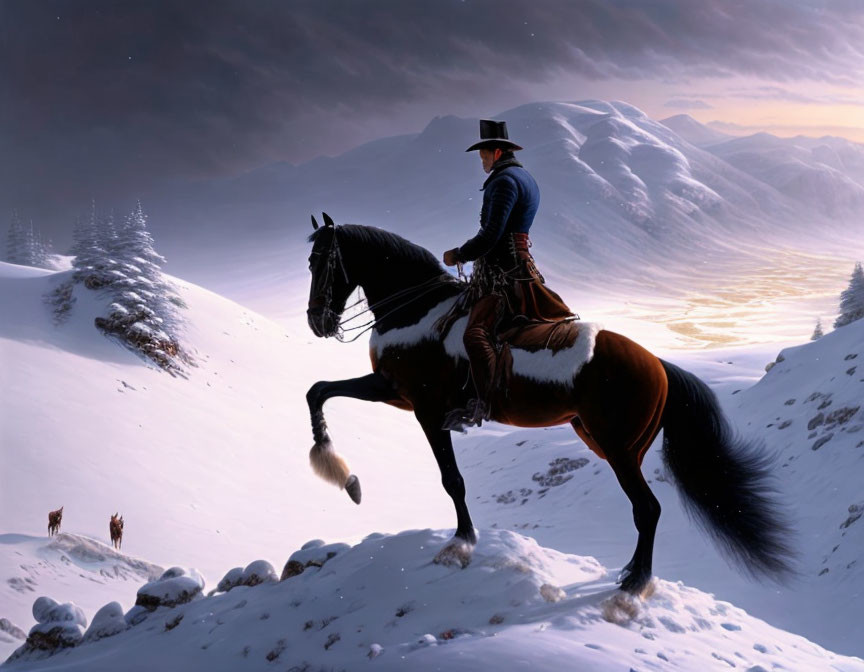 Person on horseback in snow-covered landscape at dusk with mountains and deer.