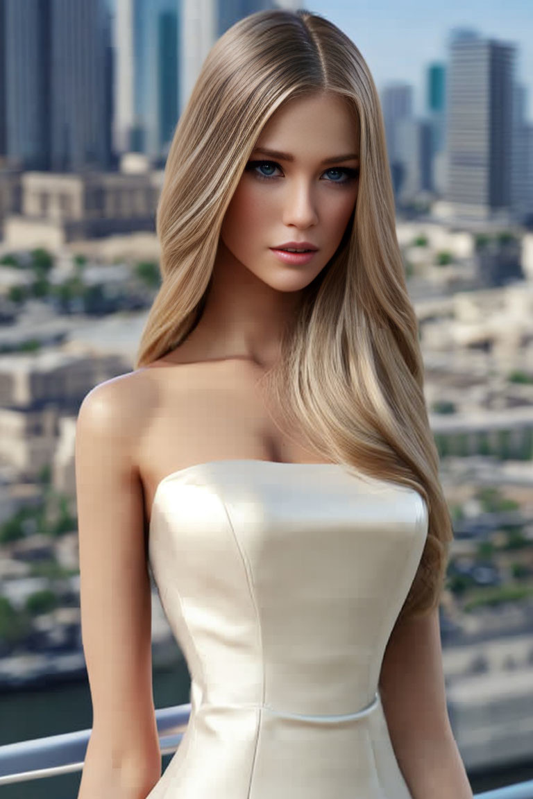 Blonde woman in cream dress against cityscape background