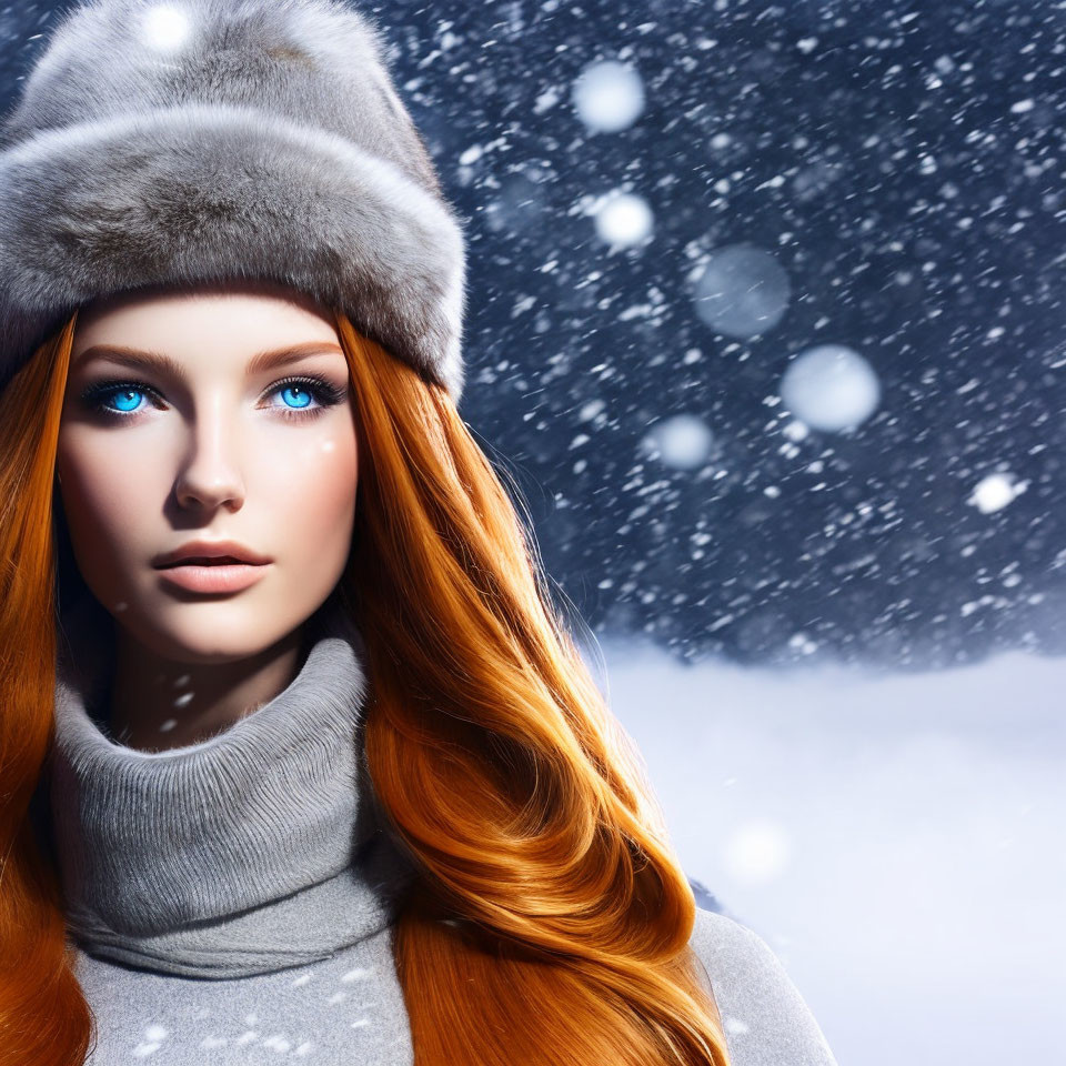 Digital illustration of woman with red hair and blue eyes in grey winter attire with snowflakes.