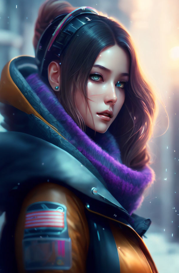 Digital artwork of a woman with brown hair in orange jacket and headset, snowy background