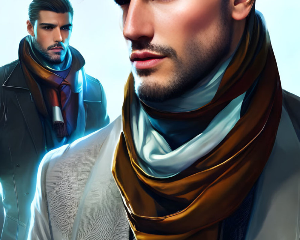 Two stylish men with scarves and jackets, one in foreground, one slightly translucent.