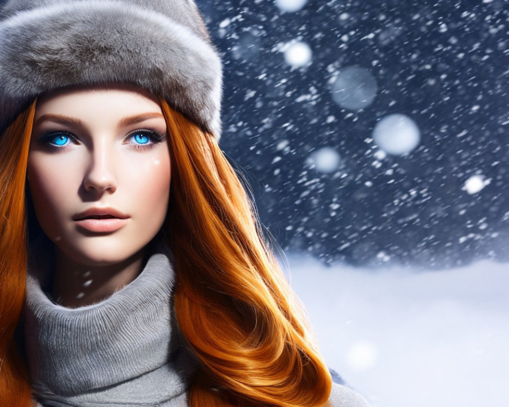 Digital illustration of woman with red hair and blue eyes in grey winter attire with snowflakes.