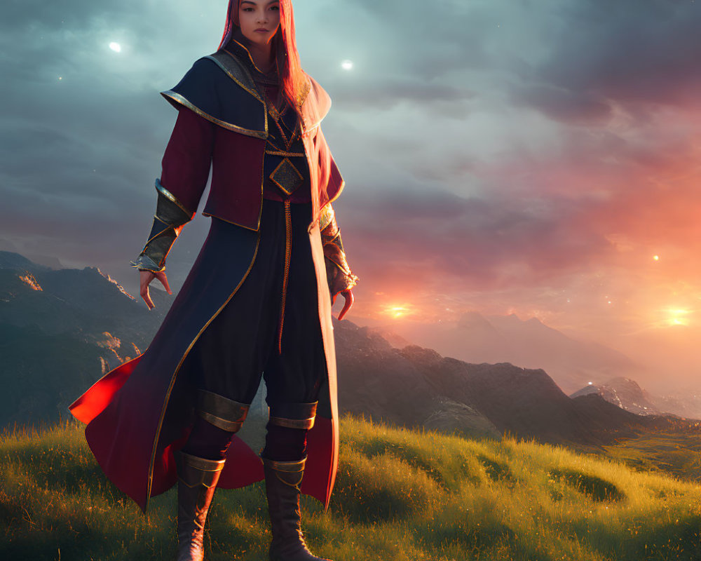 Stoic figure in red cape on grassy hill at sunrise
