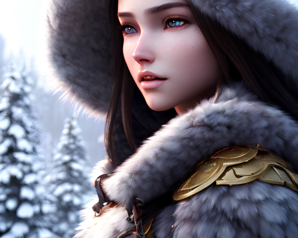 Digital art portrait of young woman in fur attire against snowy backdrop