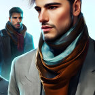 Two stylish men with scarves and jackets, one in foreground, one slightly translucent.